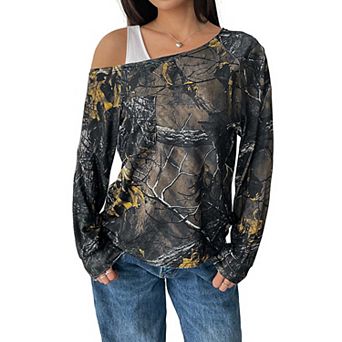 Women's Asymmetric Off Shoulder Long Sleeve Top, Tree Print Pocket T-Shirt
