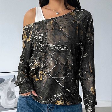 Women's Asymmetric Off Shoulder Long Sleeve Top, Tree Print Pocket T-Shirt