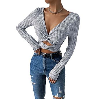 Women's V Neck Twist Front Crop Top, Long Sleeve Ribbed Fitted Fall Top