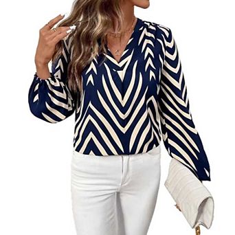 Women's V Neck Chevron Print Blouse, Long Sleeve Office Work Top