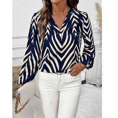 Women's V Neck Chevron Print Blouse, Long Sleeve Office Work Top