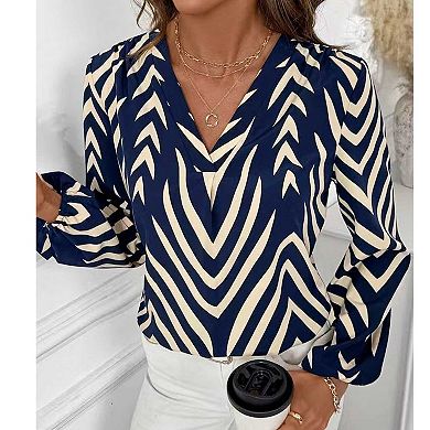 Women's V Neck Chevron Print Blouse, Long Sleeve Office Work Top