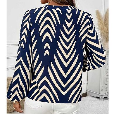 Women's V Neck Chevron Print Blouse, Long Sleeve Office Work Top