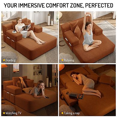 Chaise Lounge with 3 Pillows, Convertible Sofa Bed with Storage Pocket for Small Spaces, Living Room