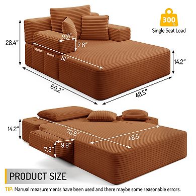 Chaise Lounge with 3 Pillows, Convertible Sofa Bed with Storage Pocket for Small Spaces, Living Room