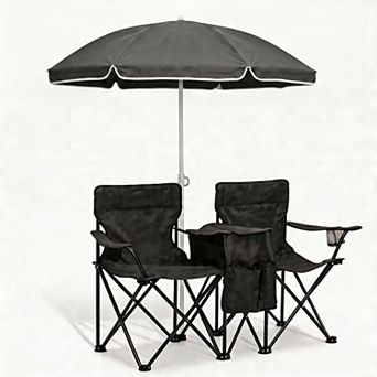 Portable Double Folding Beach Chairs with Umbrella, 2-Person Outdoor Camping Chair with Cup Holders