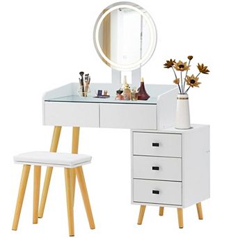 LED Lighting Dressing Table, Stretchable Side Table, 5 Drawers, with Mirror and Matching Round Stool