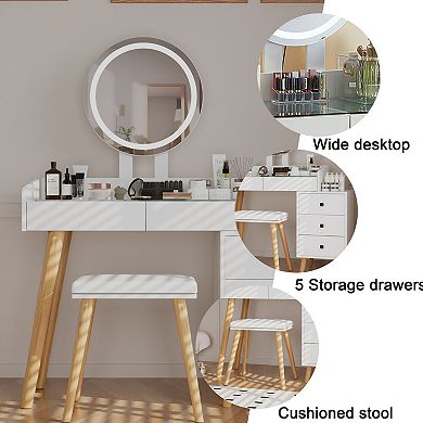 LED Lighting Dressing Table, Stretchable Side Table, 5 Drawers, with Mirror and Matching Round Stool