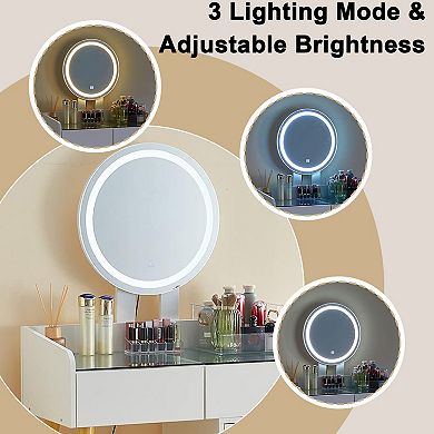 LED Lighting Dressing Table, Stretchable Side Table, 5 Drawers, with Mirror and Matching Round Stool