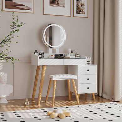 LED Lighting Dressing Table, Stretchable Side Table, 5 Drawers, with Mirror and Matching Round Stool