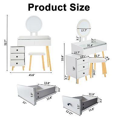 LED Lighting Dressing Table, Stretchable Side Table, 5 Drawers, with Mirror and Matching Round Stool