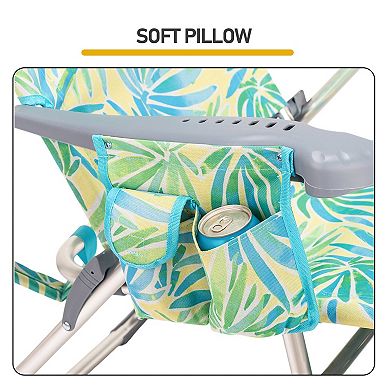 7-Position Adjustable Beach Chair with Headrest, Cup Holder, Side Pocket & Bottom Storage Bag