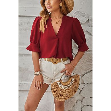 Women's Mid Sleeved Solid Color V-Neck Casual Top Tunics Blouse