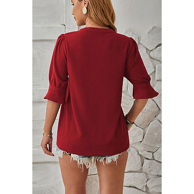 Women's Mid Sleeved Solid Color V-Neck Casual Top Tunics Blouse