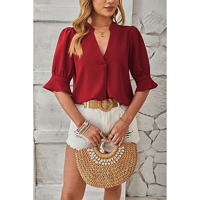 Women's Mid Sleeved Solid Color V-Neck Casual Top Tunics Blouse
