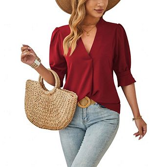 Women's Mid Sleeved Solid Color V-Neck Casual Top Tunics Blouse
