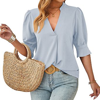 Women's Mid Sleeved Solid Color V-Neck Casual Top Tunics Blouse