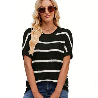 Women's Round Neck Pullover Short Sleeve Knitted Sweater Tops Striped Blouse Tunics