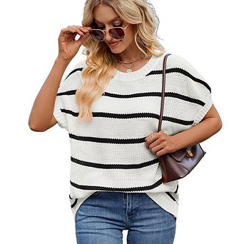 Women's Round Neck Pullover Short Sleeve Knitted Sweater Tops Striped Blouse Tunics