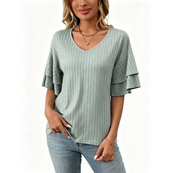Women's V Neck Ruffle Bell Sleeve Blouses Dressy Casual Summer Short Sleeve Tops Shirts