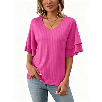 Women's V Neck Ruffle Bell Sleeve Blouses Dressy Casual Summer Short Sleeve Tops Shirts