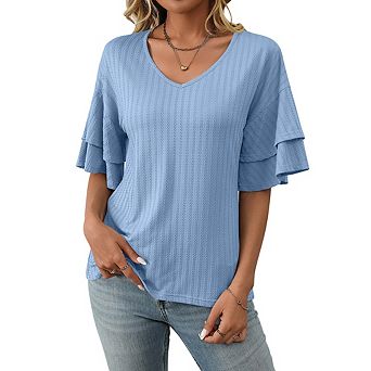 Women's V Neck Ruffle Bell Sleeve Blouses Dressy Casual Summer Short Sleeve Tops Shirts