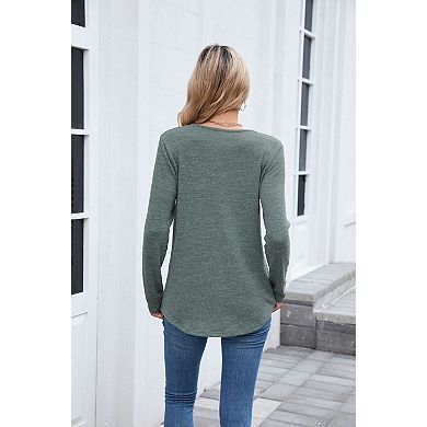 Women's Long Sleeve V Neck Shirts Casual Banded Hem Basic Daily Tops