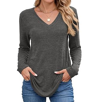 Women's Long Sleeve V Neck Shirts Casual Banded Hem Basic Daily Tops