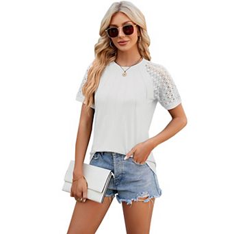 Women's Summer Blouse Casual Short Sleeve Pleated Crew Neck Top