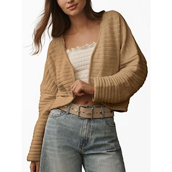 Women's Cropped Open Front Knit Cardigan Long Sleeve Casual Drop Shoulder Sweater Coats