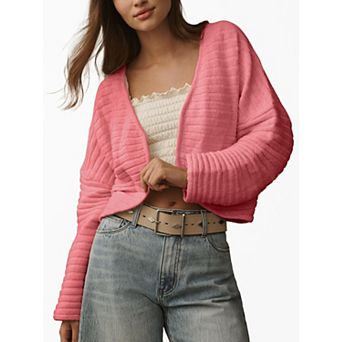 Women's Cropped Open Front Knit Cardigan Long Sleeve Casual Drop Shoulder Sweater Coats