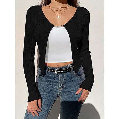 Women's Lightweight Ribbed Knit Cardigan V Neck Open Front Cropped Sweater