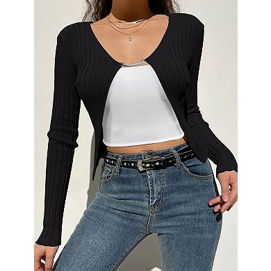 Women's Lightweight Ribbed Knit Cardigan V Neck Open Front Cropped Sweater