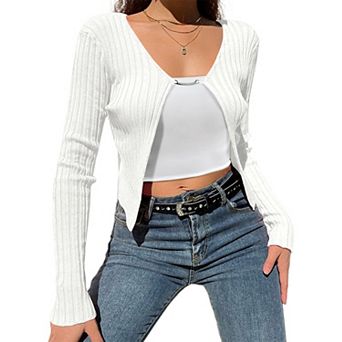 Women's Lightweight Ribbed Knit Cardigan V Neck Open Front Cropped Sweater