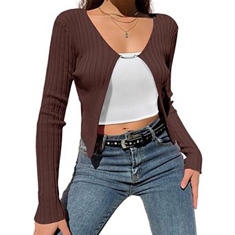 Women's Lightweight Ribbed Knit Cardigan V Neck Open Front Cropped Sweater