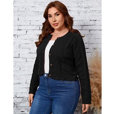 Women's Plus Size Cable Knit Cardigan Button Down Long Sleeve Sweater