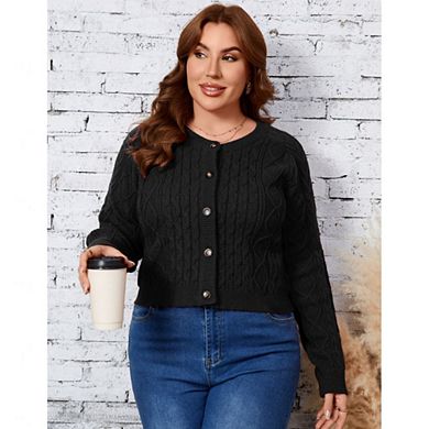 Women's Plus Size Cable Knit Cardigan Button Down Long Sleeve Sweater