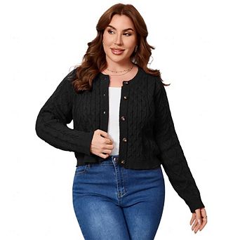 Women's Plus Size Cable Knit Cardigan Button Down Long Sleeve Sweater