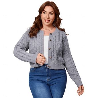 Women's Plus Size Cable Knit Cardigan Button Down Long Sleeve Sweater