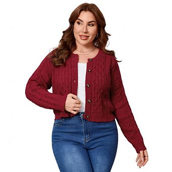 Women's Plus Size Cable Knit Cardigan Button Down Long Sleeve Sweater