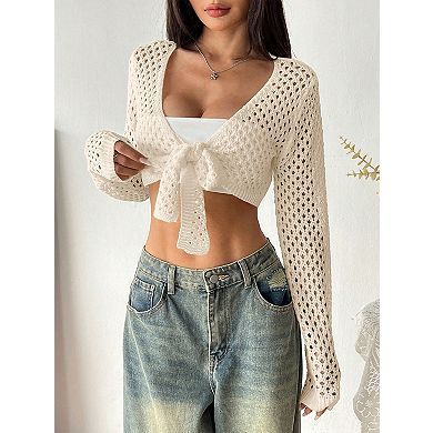 Women's Casual Long Sleeve Crochet Knit Tie-Front Cropped Top
