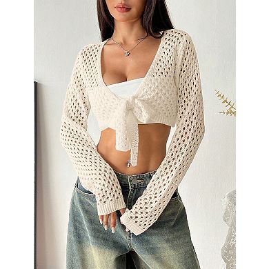 Women's Casual Long Sleeve Crochet Knit Tie-Front Cropped Top
