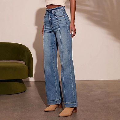 Women's Jeans Straight Leg High Waisted Denim Pants with Pockets