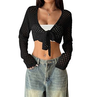 Women's Casual Crochet Knit Tie-Front Cropped Long Sleeve Top