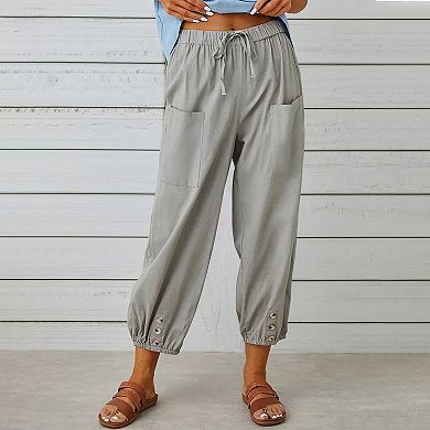 Women's High Waisted Linen Blend Jogger Pants Button Ankle Cuff Pockets