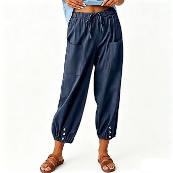 Women's High Waisted Linen Blend Jogger Pants Button Ankle Cuff Pockets