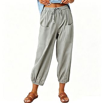 Women's High Waisted Linen Blend Jogger Pants Button Ankle Cuff Pockets