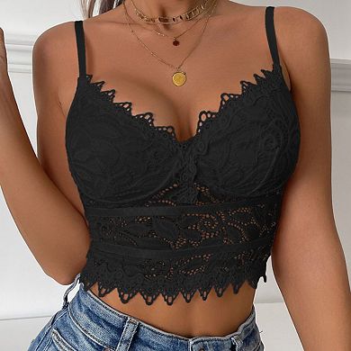 Women's Lace Deep V Neck Cami Short Top Adjustable Spaghetti Strap