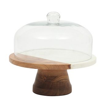Gibson Elite Ridgehaven 10 Inch Marble and Wood Cake Stand Serving Platter with Glass Lid