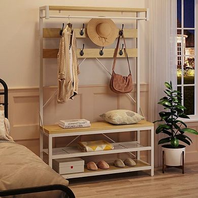 40" Industrial Hall Tree with Bench & Shoe Storage, Entryway Coat Rack with 8 Hooks